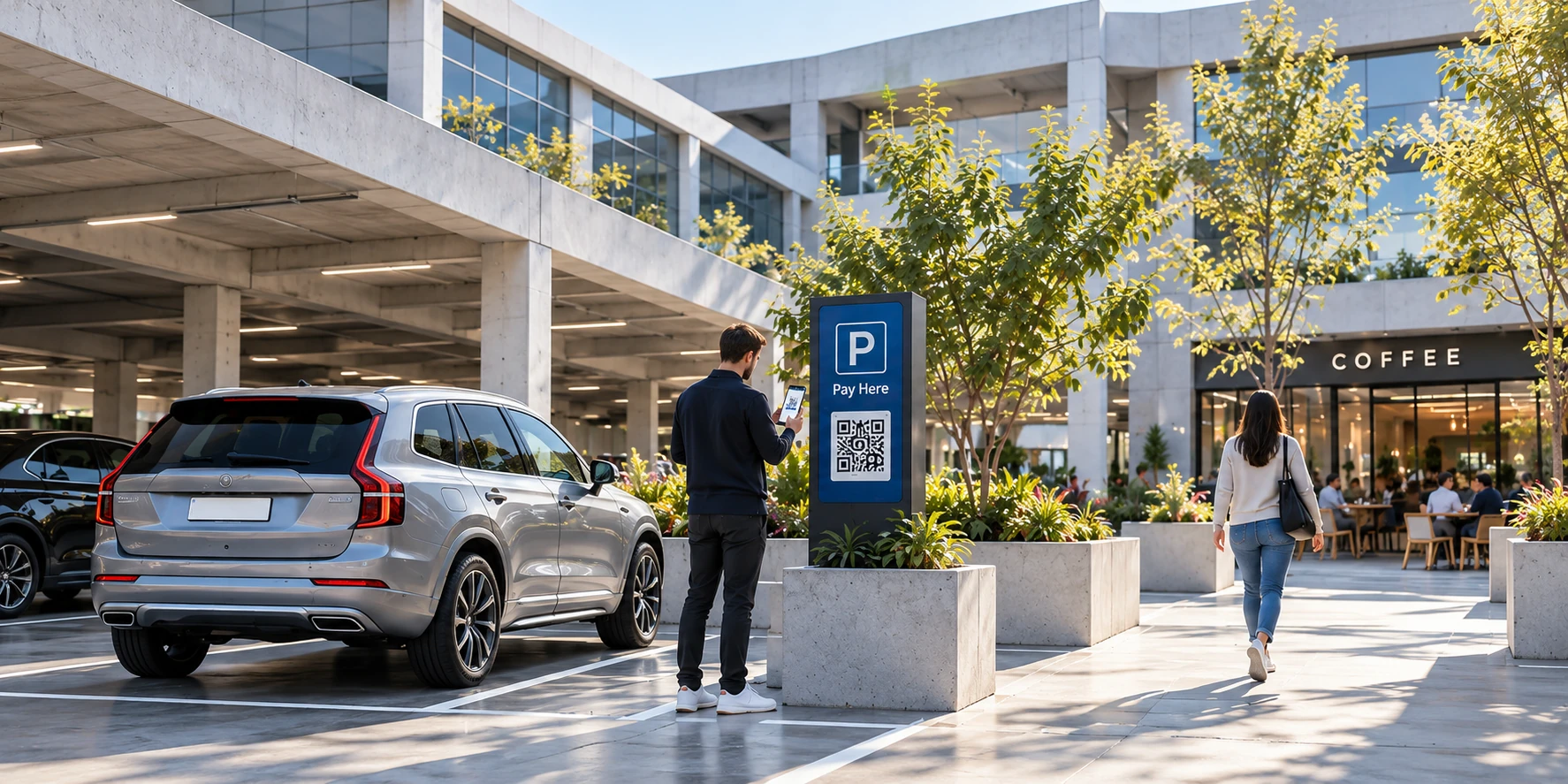 A parked vehicle, a visitor scanning a parking sign, and a pedestrian continuing their visit.